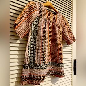 J Crew Geometric Print Yoke Crew Neck Boho Airy Cotton Blouse Size 4 / Small